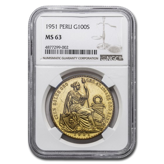 1951 Peru Gold 100 Soles MS-63 NGC 1951 Peru Gold 100 Soles MS-63 NGC